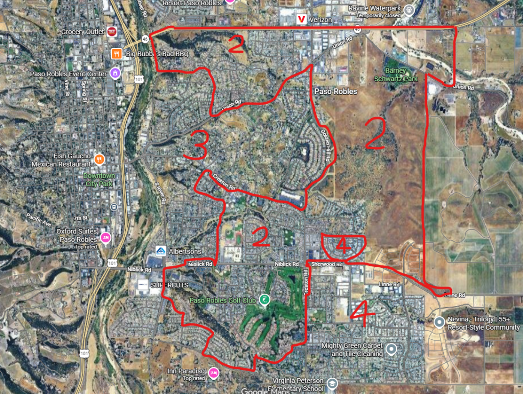Aerial map of Paso Robles, California, with numbered red outlines indicating specific areas.